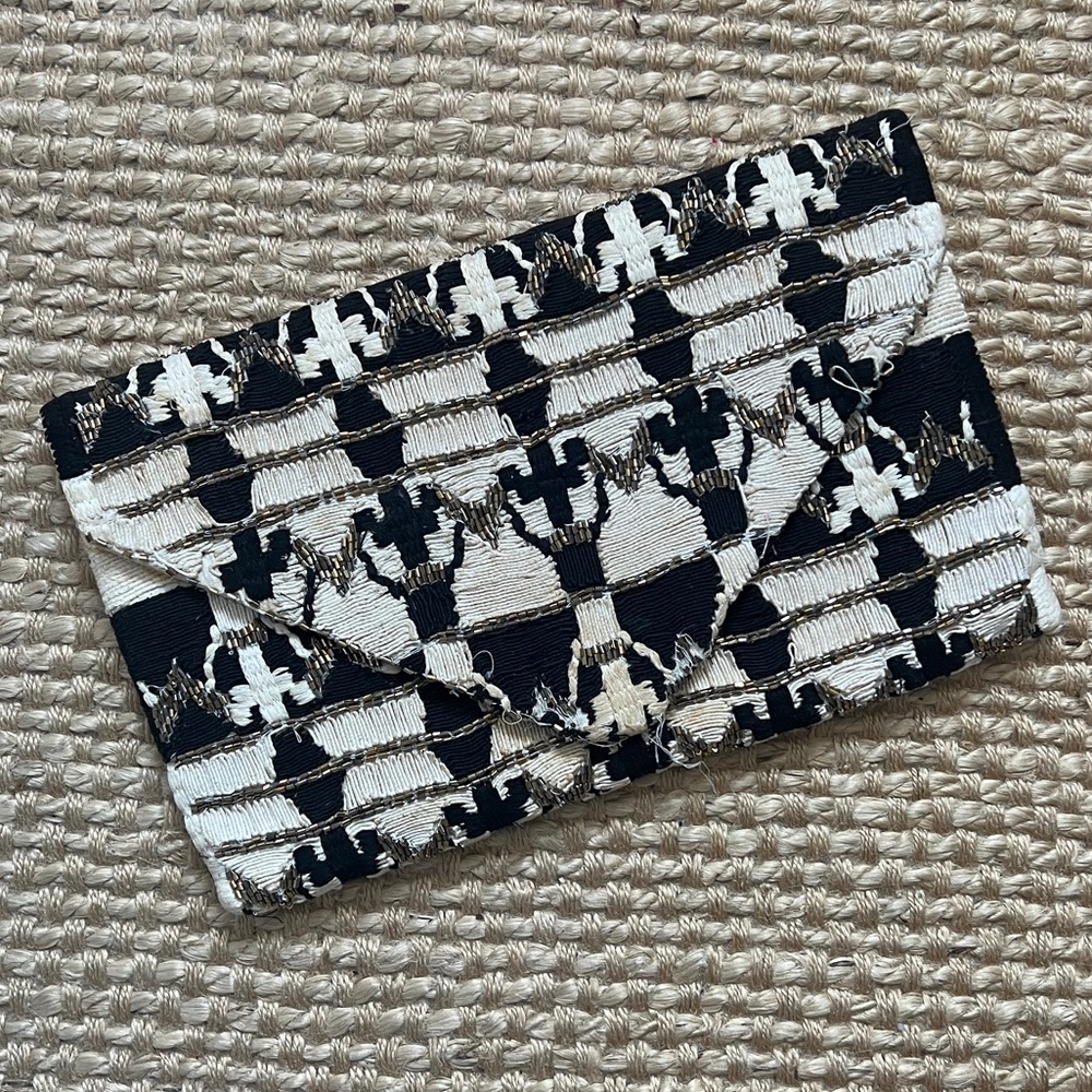ZARA Embroidered Beaded Black and White Envelope Clutch